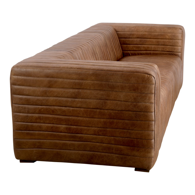 Castle 95" Genuine Leather Square Arm Chesterfield Sofa, Cappuccino Genuine Leather
