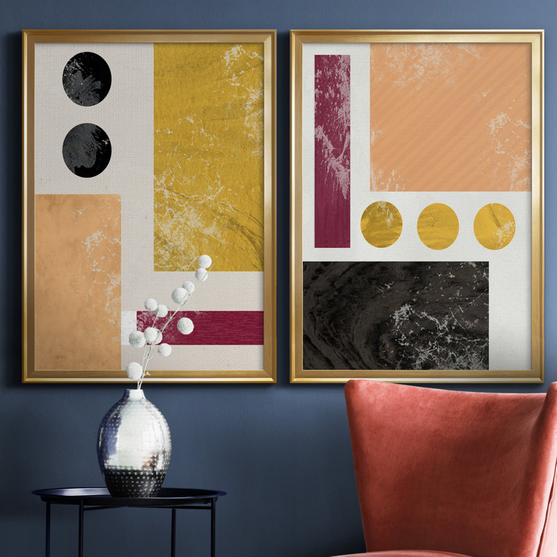 Essie Abstract I - Ensemble de 2 reproductions d'art, H 26,5 po x l 73 po x P 1,5 po, Toile encadrée dorée, Pas de tapis