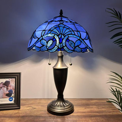Tiffany Table Lamp Blue Stained Glass Baroque Style LED Bulb Included 14"W*14"D*21"H