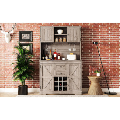 Armoire à café, rangement supplémentaire pour les fournitures, armoire de bar au fini chêne avec 9 porte-bouteilles, cuisine et salle à manger,