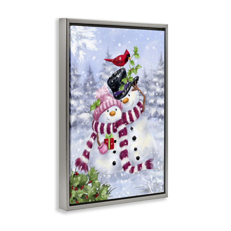 Joyeux bonhomme de neige et toile cardinal par Jean-François, H 31 po x l 21 po, Cadre flottant gris lustré
