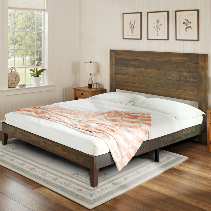 Base de lit plateforme en bois massif Bilal avec tête de lit 48,6 po, Grand lit, Yellow Brown