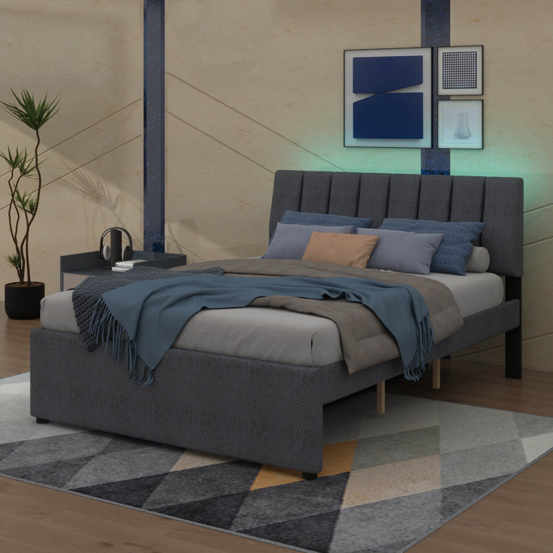 Lit plateforme rembourré Teddy, Gris, Lit double