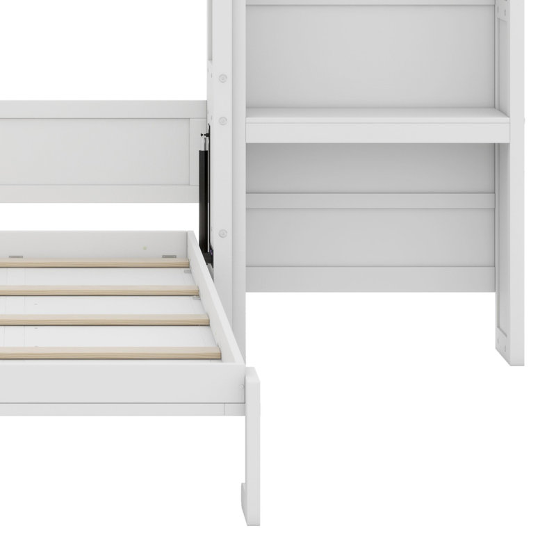 Lit escamotable avec tablettes de rangement et décoration à persiennes, Blanc