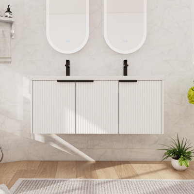 48" Double Sink Floating Bathroom Vanity Set, Wall Mounted Bathroom Vanity With Resin Basin Sink Top, 3 Doors