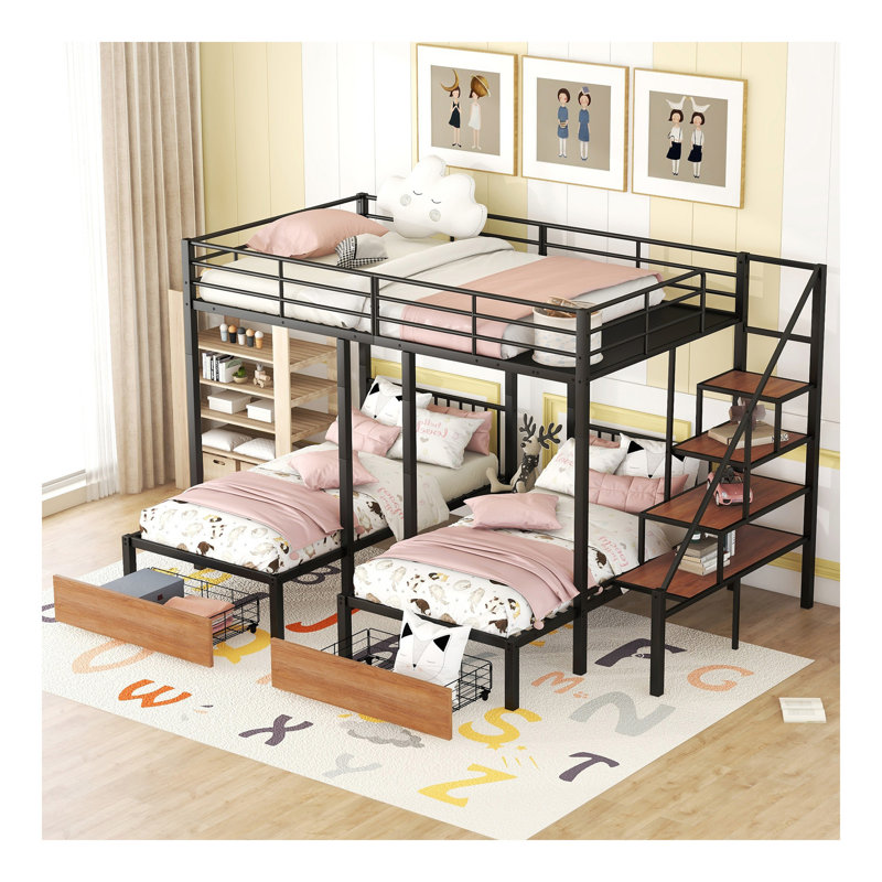 Full Over Twin-Twin Triple Bunk Bed With Drawers And Staircase, Black