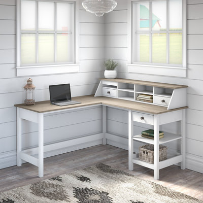 Bureau d'ordinateur en L 60 W avec organisateur de bureau en blanc pur et brun Aban