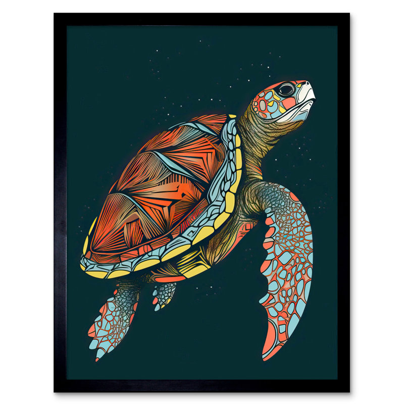 Swimming Sea Turtle Modern Folk - Single Picture Frame Print