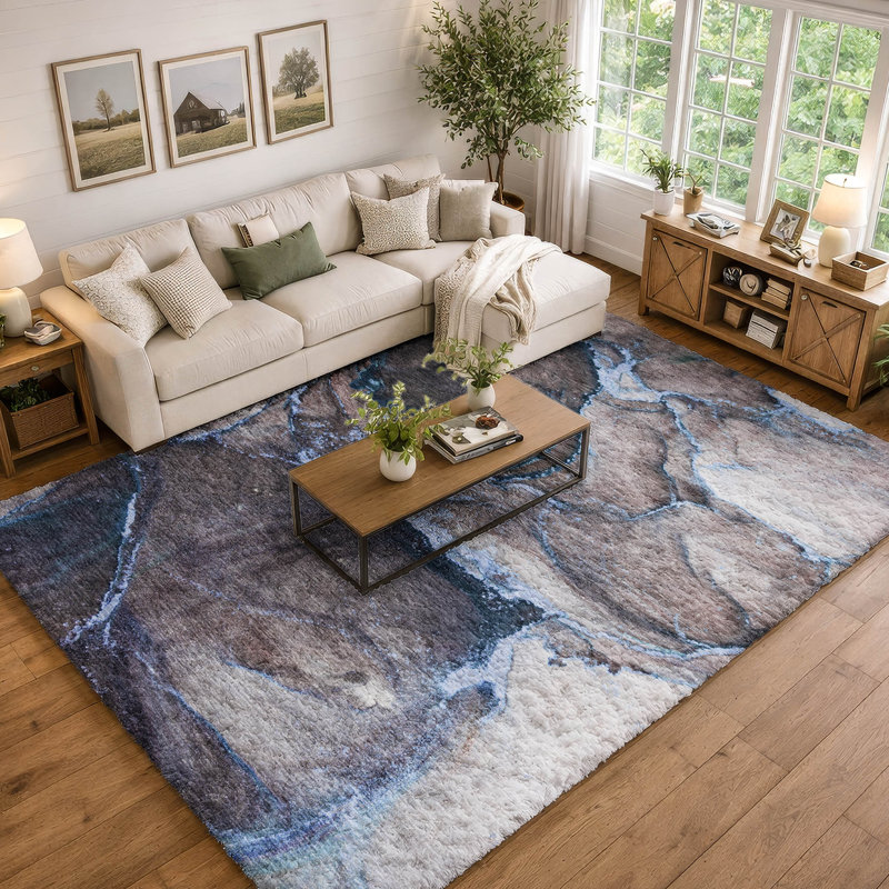 Premium Machine Washable Dream Shag ADS525 Watercolors Rug, 10' x 14', Navy