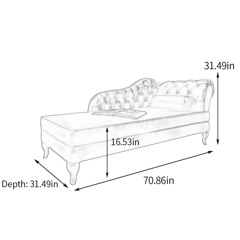 Chaise longue classique rembourrée en similicuir, Bleu foncé, Brun noyer, Accoudoir à droite (vu de face)
