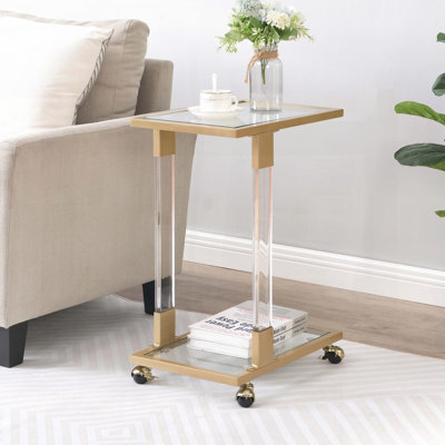 Table d'appoint mobile en forme de C avec plateau en verre trempé et cadre doré - décorations en acrylique