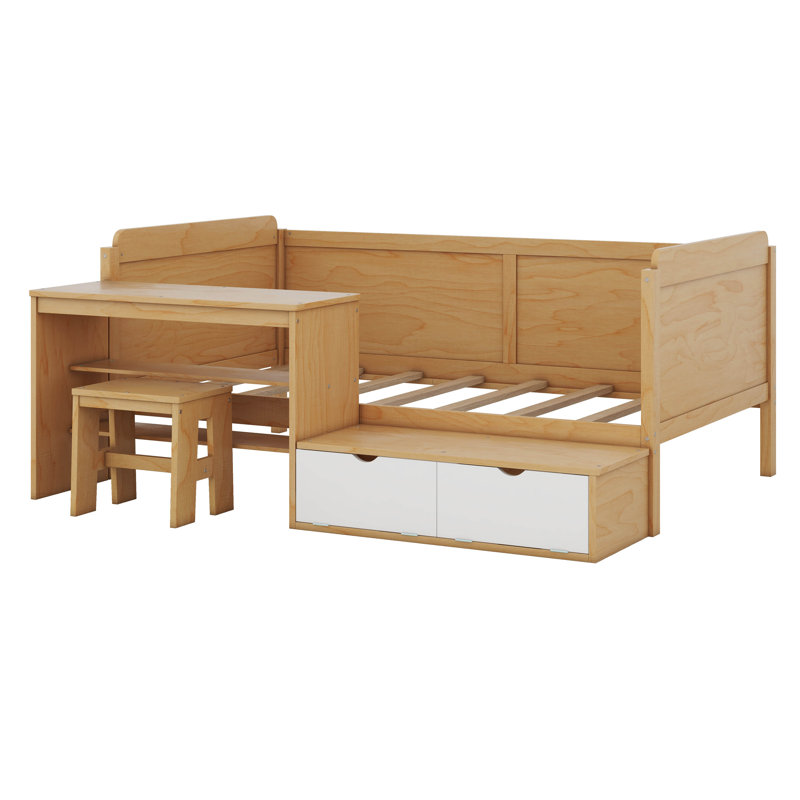 Dancy Twin Size Daybed With Desk And Shelves, Multi-Functional Bed Bed Frame With Lockers And Matching Stool, Natural
