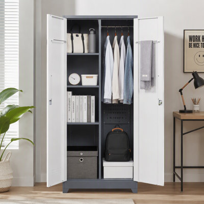 Grande armoire utilitaire en métal robuste de 72,8 po de hauteur, casier de rangement verrouillable et de rangement pour outils à main avec tablettes réglables et tringle de suspension, grande armoire de rangement pour garage, atelier, sous-sol, magasin, cuisine, bureau