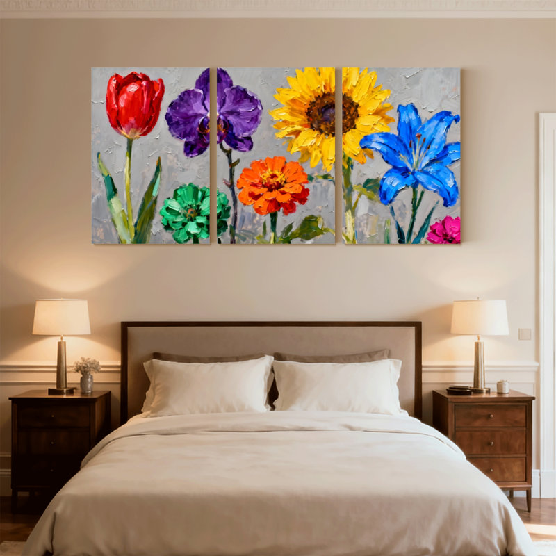 Plantes et fleurs, fleurs colorées sur fond gris avec ensemble de 3 impressions sur toile, H 18 po x l 36 po