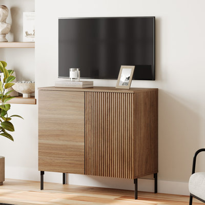 Union Rustic 31.5" Modern Reeded TV Stand With Doors, Entertainment Centre With Shelf, Wooden TV Console With Storage For Living Room