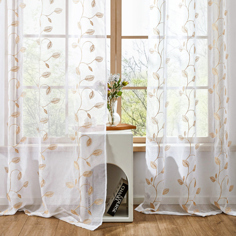 Embroidered Leaf Farmhouse Sheer Curtains (Set of 2), 52" W x 96" L