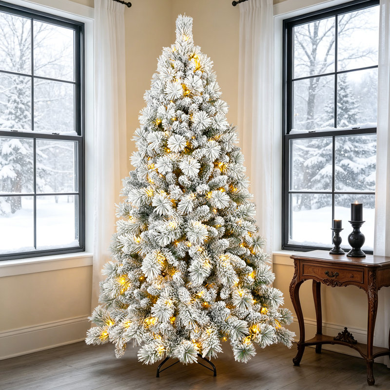  Arbre de Noël enneigé artificiel pré-éclairé avec branches en PVC, lumières, aiguilles de pin, décor des Fêtes, 8 pi