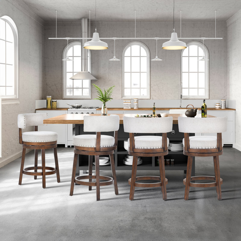 360° Swivel Bar & Counter Stool with Nailhead Trim, Upholstered Solid Wood Bar Chair for Kitchen Island
