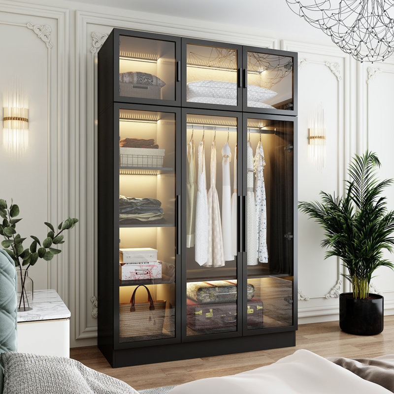 190cm Black 6-Door Wardrobe with Iron-Framed Tempered Glass Doors & LED