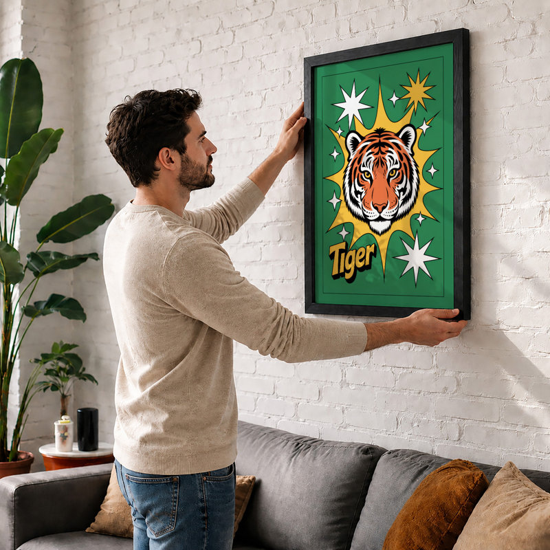 Tiger with Stars Retro - Framed Print, A3 - 42.0 x 29.7 cm, Black