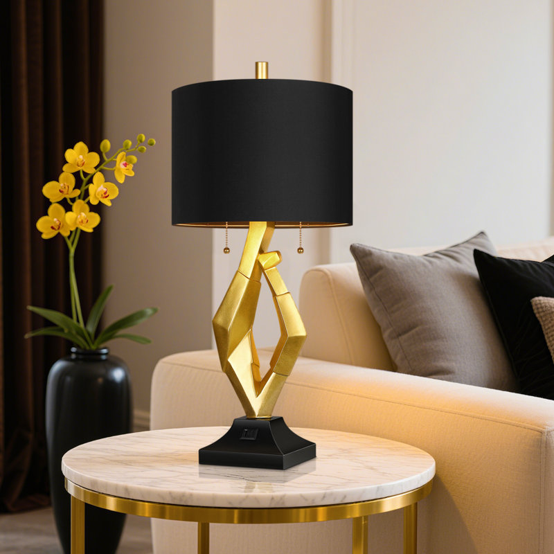 25.5in Gold Nightstand Resin Lamps With Black Shades Set Of 2