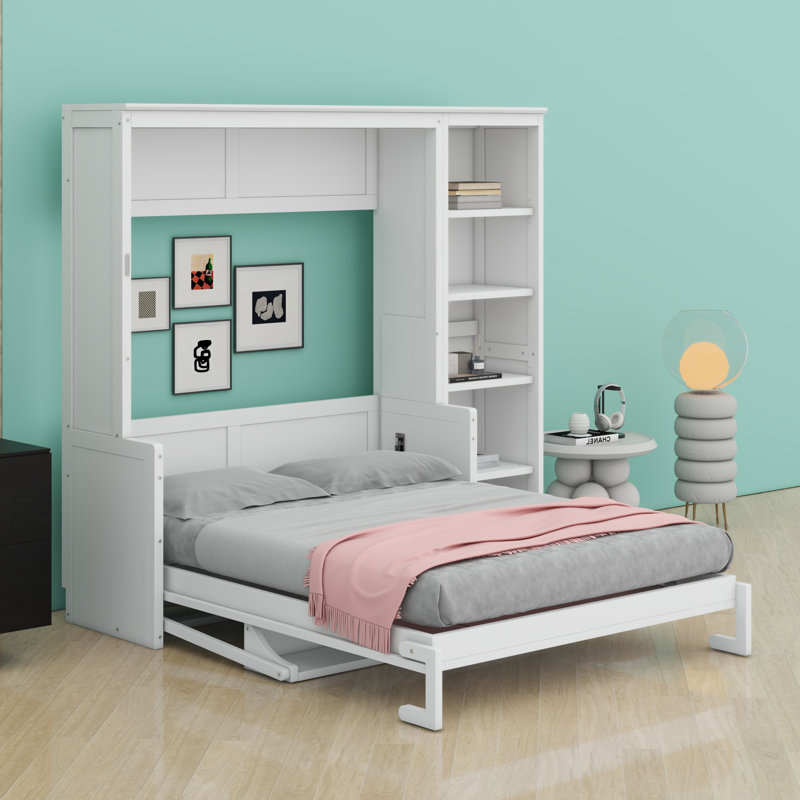 Lit escamotable avec bureau et bibliothèque Murphy, Lit double, Blanc