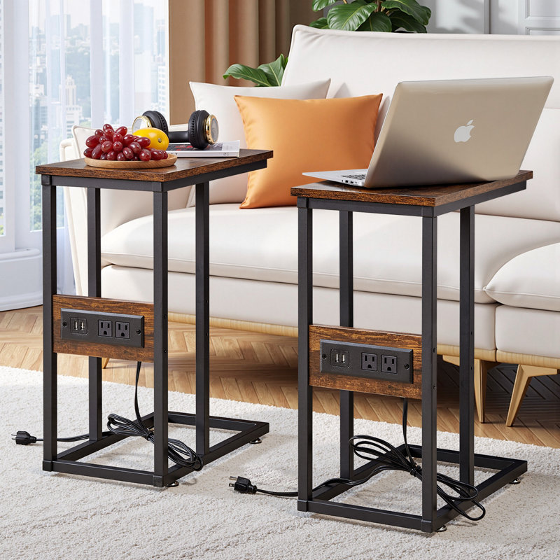 C End Table With USB And Built-In Outlets, Brown Top/Black Base