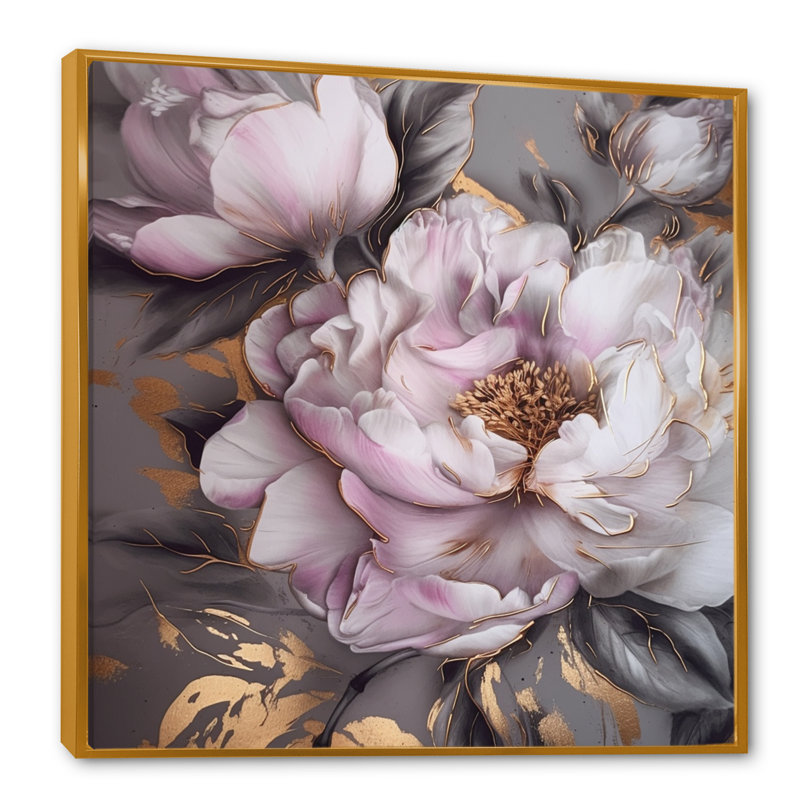 Pivoines roses et grises élégance III - impression, H 36 po x l 36 po x P 1,5 po, Cadre flottant doré