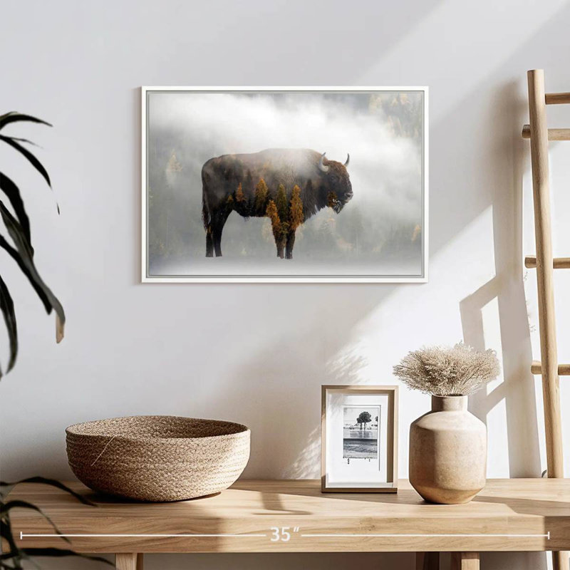 Bison de la forêt de pins, 19 po x 13 po, Cadre flottant blanc