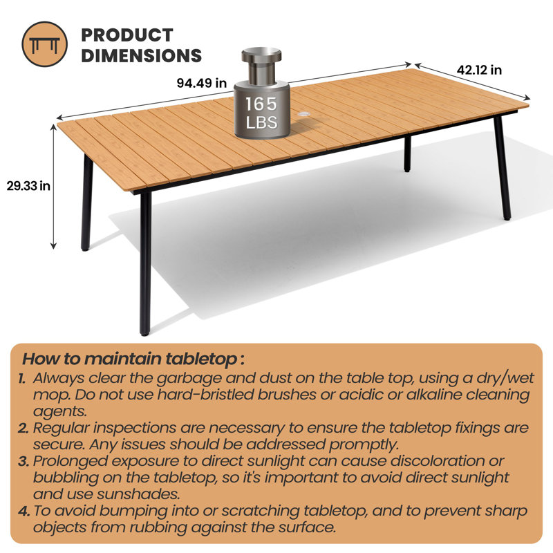 Patio Dining Table With Umbrella Hole and Aluminum Frame, 29.13" H x 94.5" L x 42.12" W, Brown