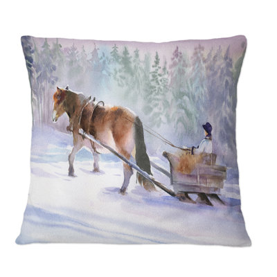 Cheval avec un traîneau dans un paysage enneigé - Coussin décoratif à imprimé traditionnel