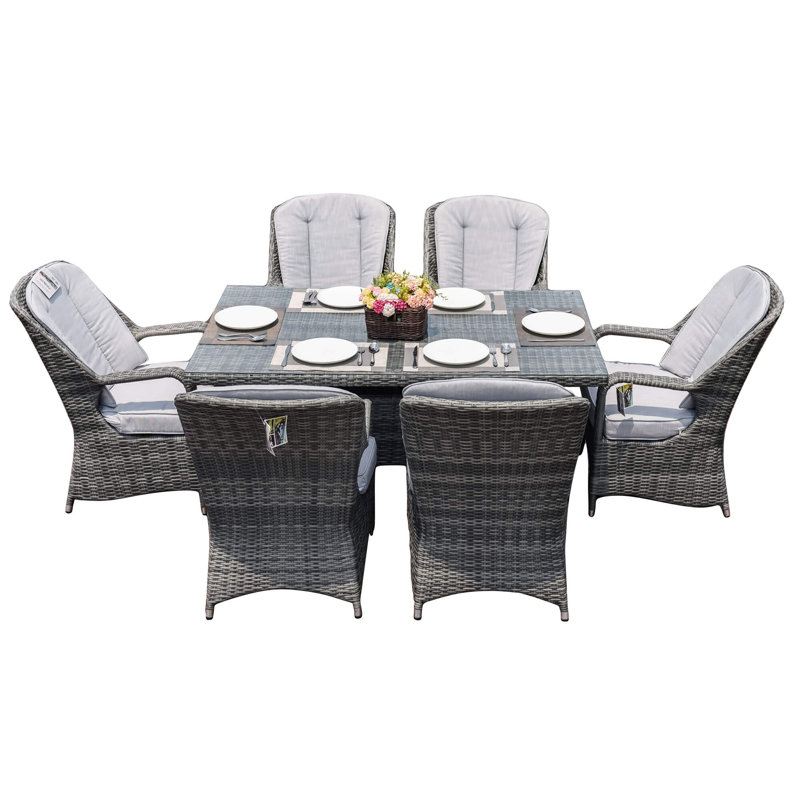 Ensemble repas d'extérieur 7 pièces avec table rectangulaire en osier et coussins PE Parma, Gris / Gris