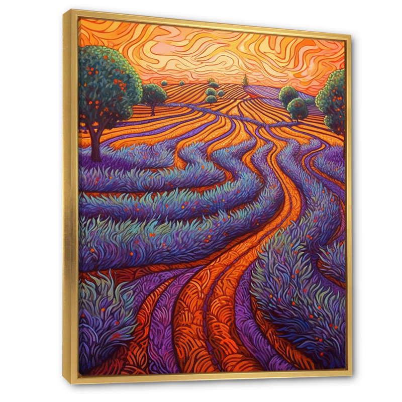 «Sunset Over Blossoming Fields of Lavender I», reproduction sur toile, 32" H x 24" W, Cadre flottant doré