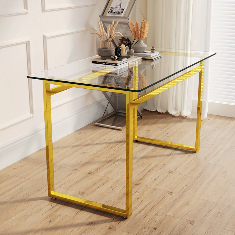 51" Modern Minimalist Rectangular Glass Dining Table For 4-6 With 0.31" Tempered Glass Tabletop And Chrome Metal Legs, Writing Table Desk, For Kitchen Dining Living Room