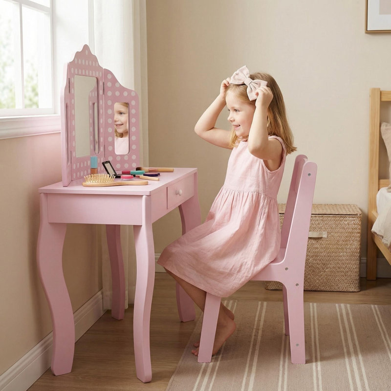 Dressing Table Pink Wooden Set 3Mirror Design with Chair