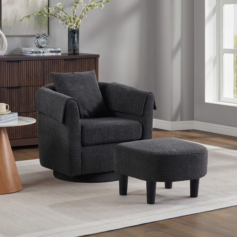Chenille Swivel Accent Chair with Ottoman, Black