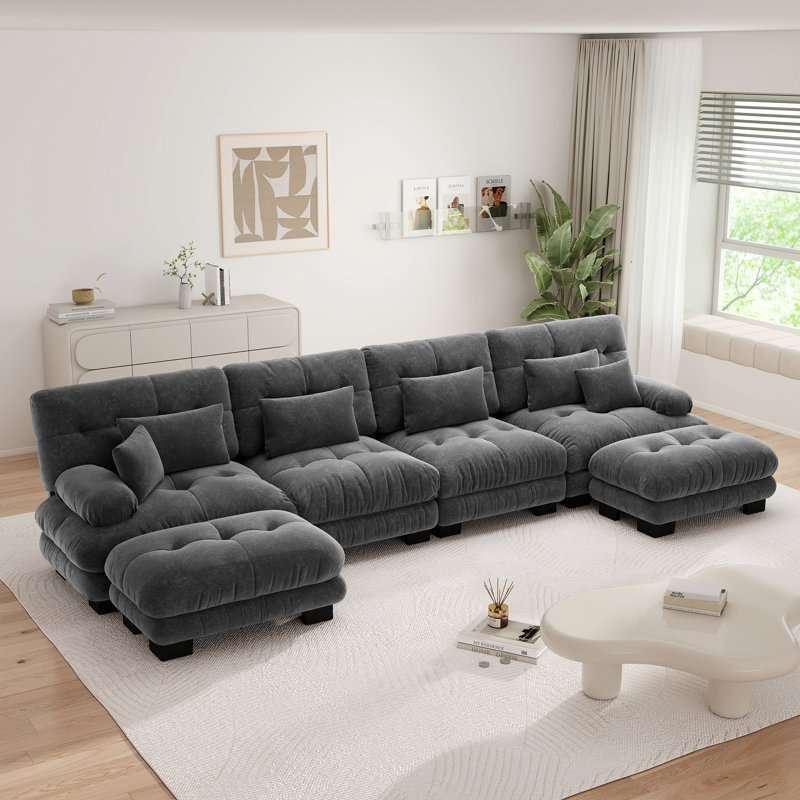 Canapé modulaire en forme de U à combinaison libre avec sièges profonds et 3 repose-pieds convertibles, gris chenille, Gris