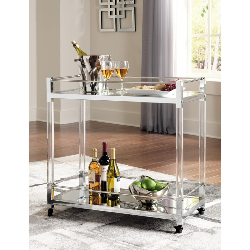 Modern Bar Cart With Mirrored Glass Shelves And Rolling Casters For Stylish Serving And Decor