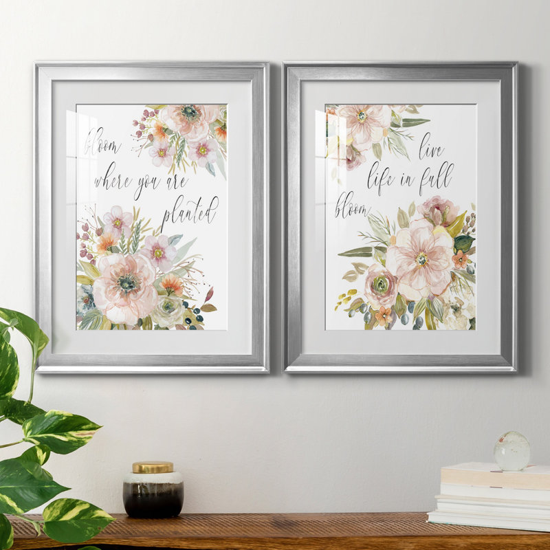 «Peach Bloom I», ensemble de 2 impressions, Papier avec cadre argenté, Blanc, H 18,5 po x l 49 po x P 1,5 po