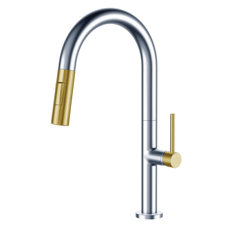 Pull Down Single Handle Kitchen Faucet with Accessories, Chrome/Satin Brass