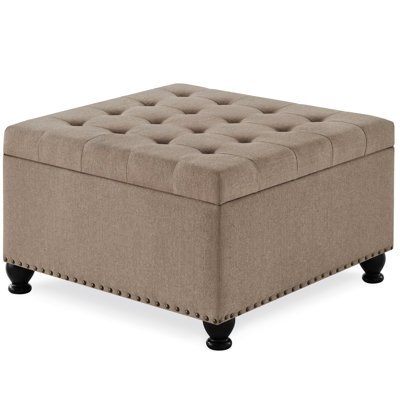 Linen Upholstered Square With Internal Compartment And Elegance Wood Base Button Design