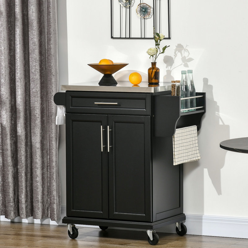 HOMCOM Kitchen Island On Wheels, Rolling Kitchen Cart With Stainless Steel Countertop, Drawer, Towel Rack And Spice Rack, Utility Storage Trolley,