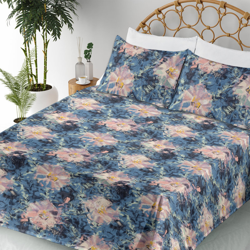 Ambesonne Watercolor Botany Sheet Set 4 Pcs Retro Boho Bloom, Slate Blue/Blush Floral, Full Sheet Set with 2 Pillowcases