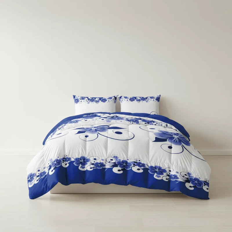 Literie 3 pièces en microfibre à motif floral bleu et blanc, qualité hôtelière, infroissable, avec 2 taies d'oreiller