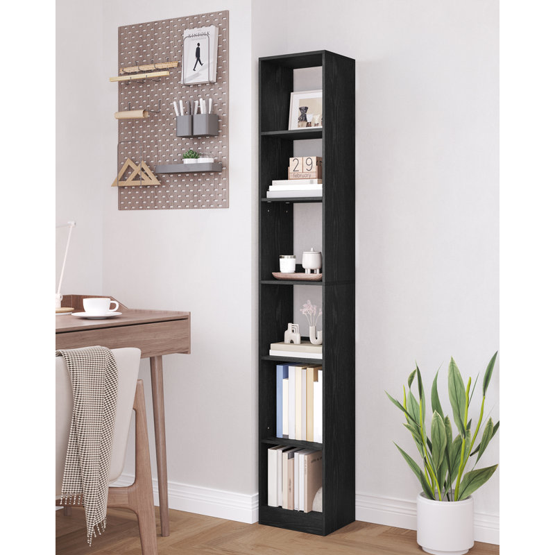 Bookcase, Tall Narrow Bookshelf, Wooden Bookcase with Open Storage Shelf, for Living Room, Home Office, Bedroom, Black