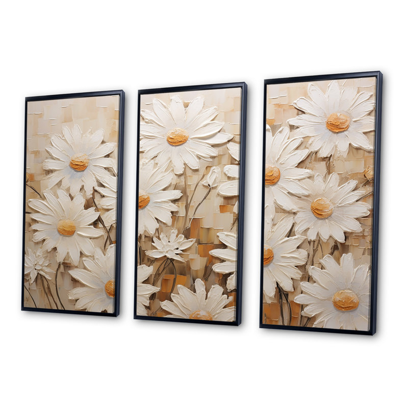 «White Daisy Fields Elegance V - Daisies», ensemble d'art sur toile, H 28 po x l 36 po x P 1 po, Cadre flottant noir