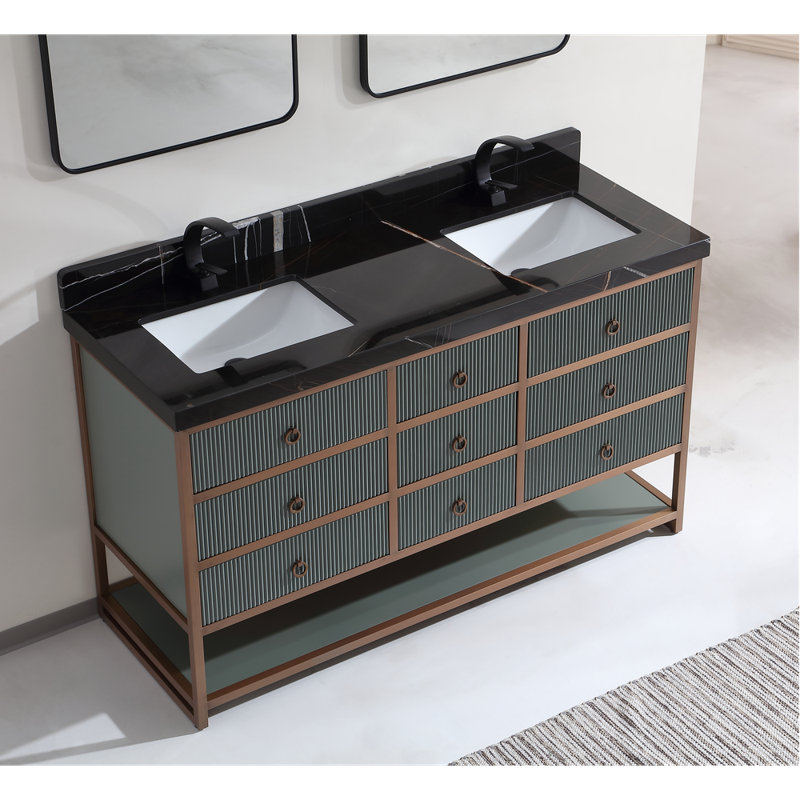 72" Double Vanity With Golden Brush Stainless Steel Frame And Tricorn Black Finish With 2' Thick Black Natual Stone Top, Gray