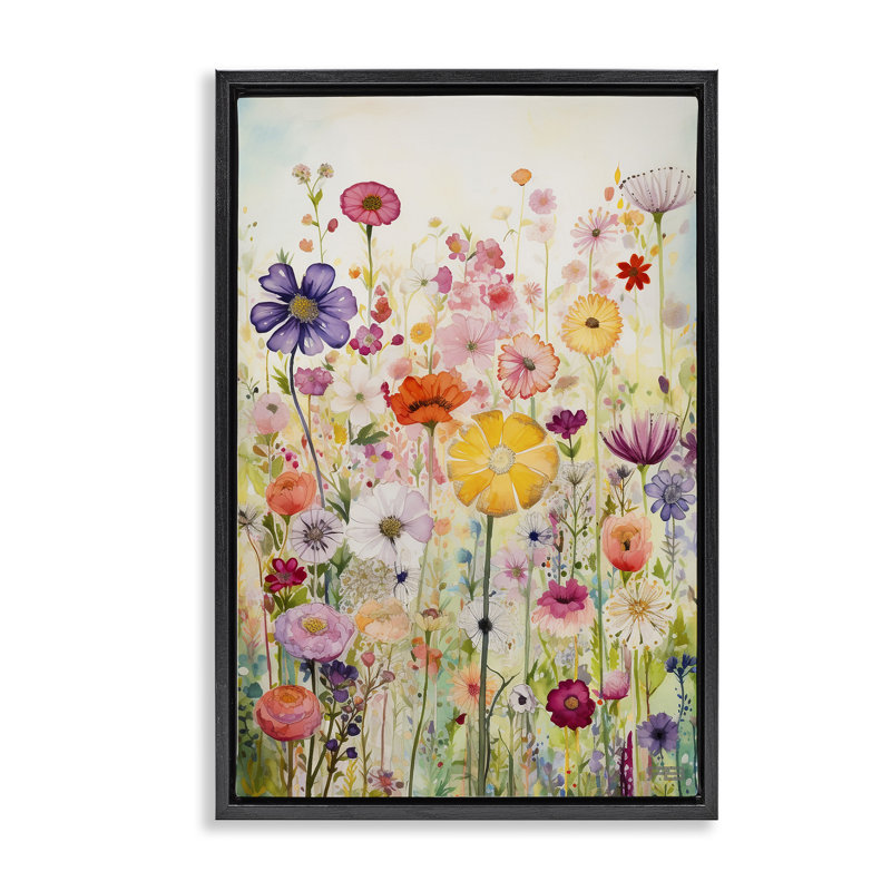 Toile flottante encadrée «Bright Flower Garden» par Roozbeh Bahramali, H 25 po x l 17 po, Cadre flottant noir de jais