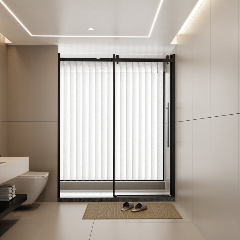 60.In W X 72.In H Single Sliding Shower Door, Tempered Glass, Stainless Steel Handle, Zinc Alloy Rollers, Flair, Matt Black 1/4 Inch Thick Roller Rail, Trendsetting Look,