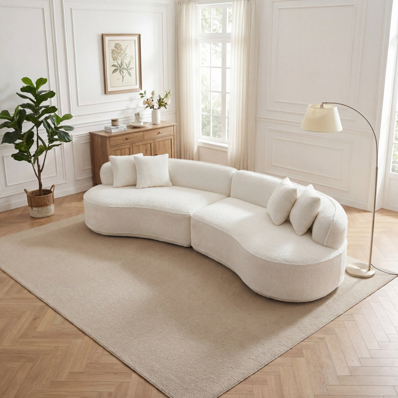 114" Modern Curved L-Shaped Modular Chenille Sofa With 4 Pillows, White